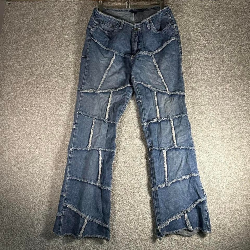 Y2K women's patch work style high rise flare unique fringe denim jeans pants